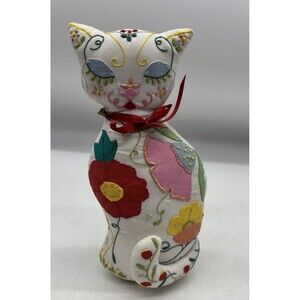 Vintage Handmade Patchwork Embroidered Farmhouse  Cat Pillow